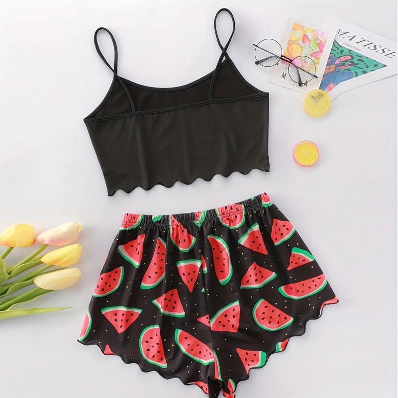 Women Fashion Watermelon Printed Pajamas Two-Piece Set
