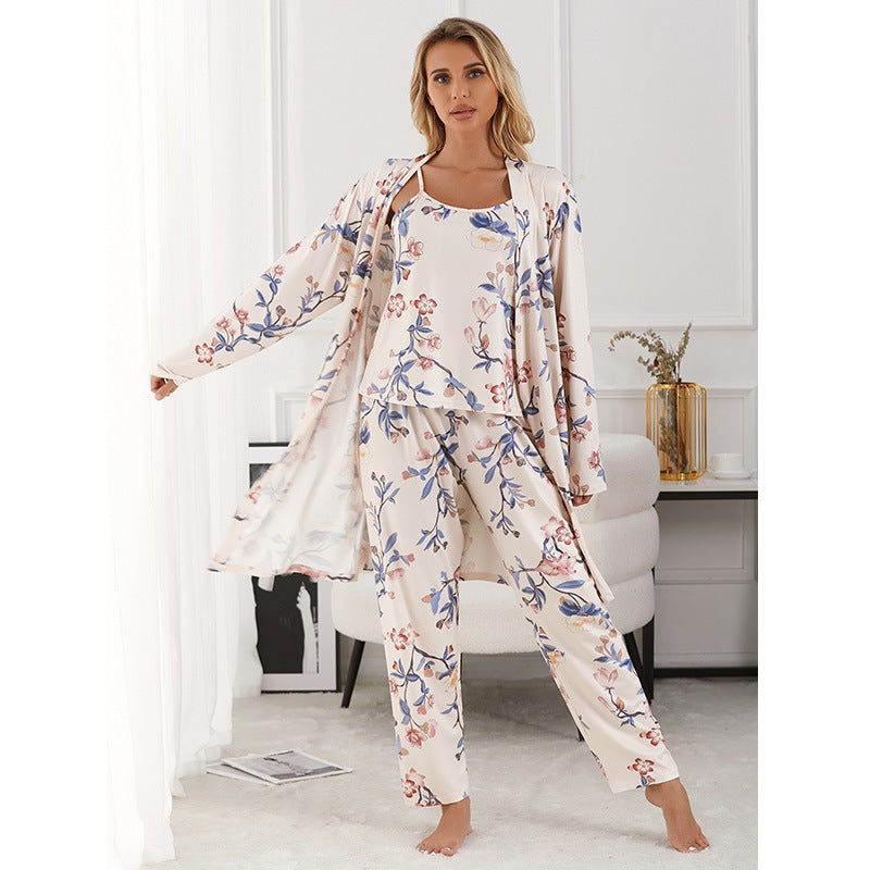 Women Fashion Casual Printed Camisole Loose Pants Long-Sleeve Coat Pajamas Three-Piece Set