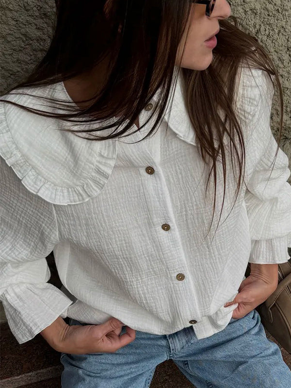 Long Sleeves Ruffled See-Through Split-Joint Peter Pan Collar Blouses&Shirts Tops