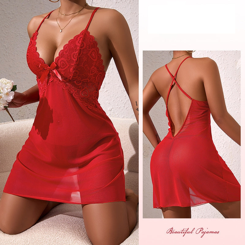 Women Fashion Sexy Solid Color Lace Mesh Deep V Backless Pajamas
