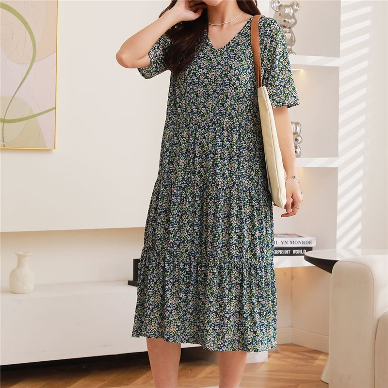 Women Fashion Casual Floral Printed Short Sleeve Loose Dress Pajamas