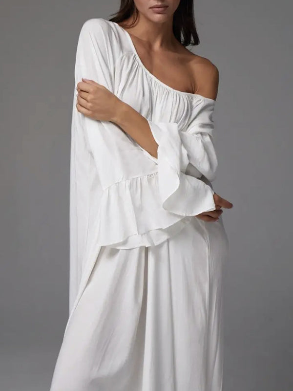 A-Line Flared Sleeves Pleated Solid Color Split-Joint Round-Neck Maxi Dresses