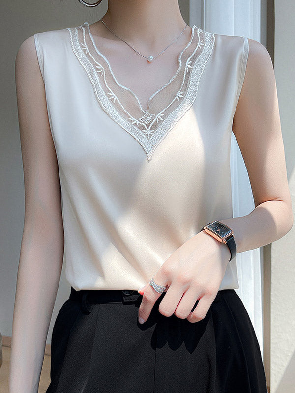 Loose Sleeveless Solid Color Split-Joint V-Neck Vest Top