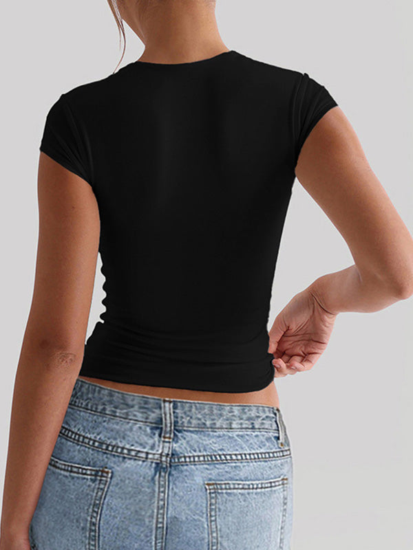 Short Sleeves Skinny Solid Color Square-Neck T-Shirts Tops