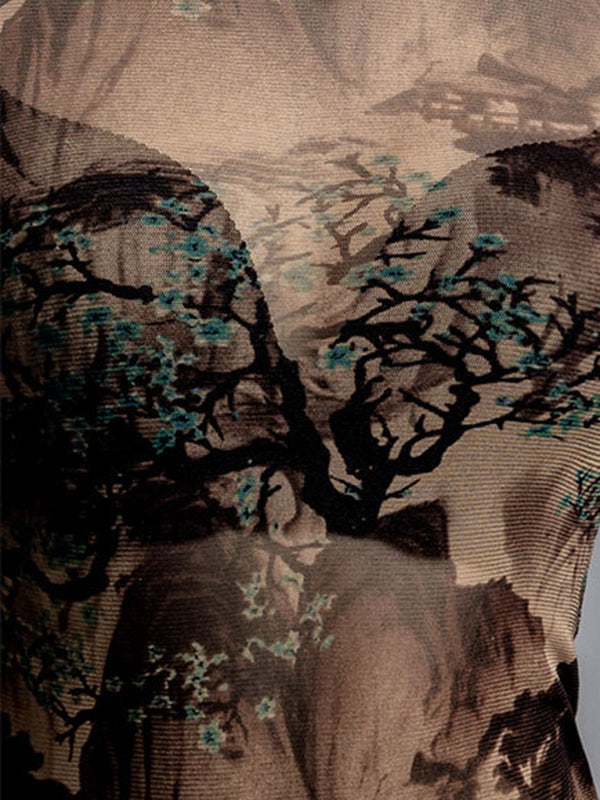 Long Sleeves Plus Size Asymmetric Mesh See-Through Split-Joint Round-Neck T-Shirts Tops