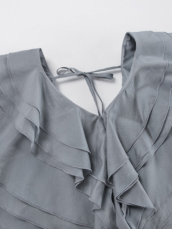 Long Sleeves Backless Ruffled Solid Color V-Neck Blouses&Shirts Tops