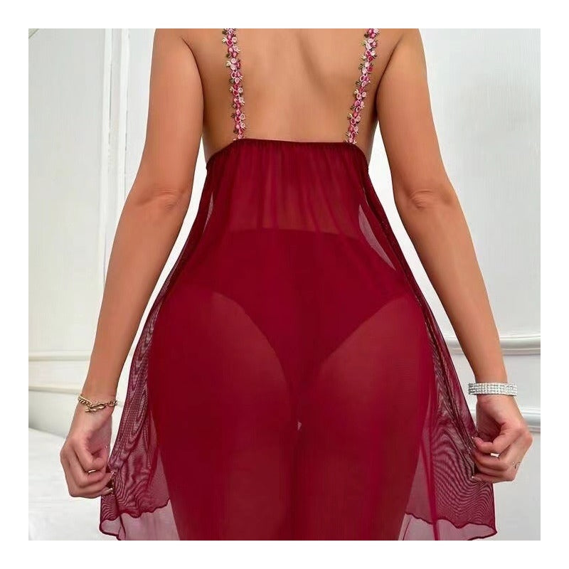 Women Fashion Sexy Perspective Mesh Flower Strap Lace-Up Pajamas Two-Piece Set