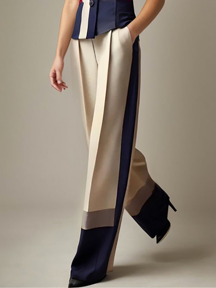 High Waisted Loose Contrast Color Elasticity Pockets Pants Trousers