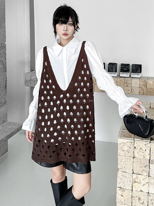 Loose Sleeveless Hollow Solid Color V-Neck Vest Top