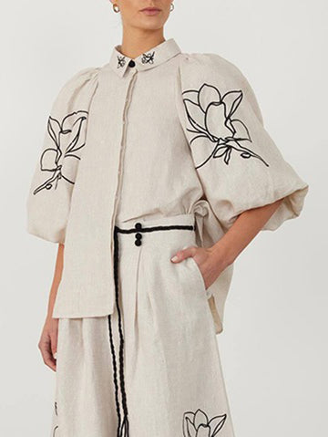 Loose Puff Sleeves Pleated Printed Split-Joint Lapel Blouses&Shirts Tops