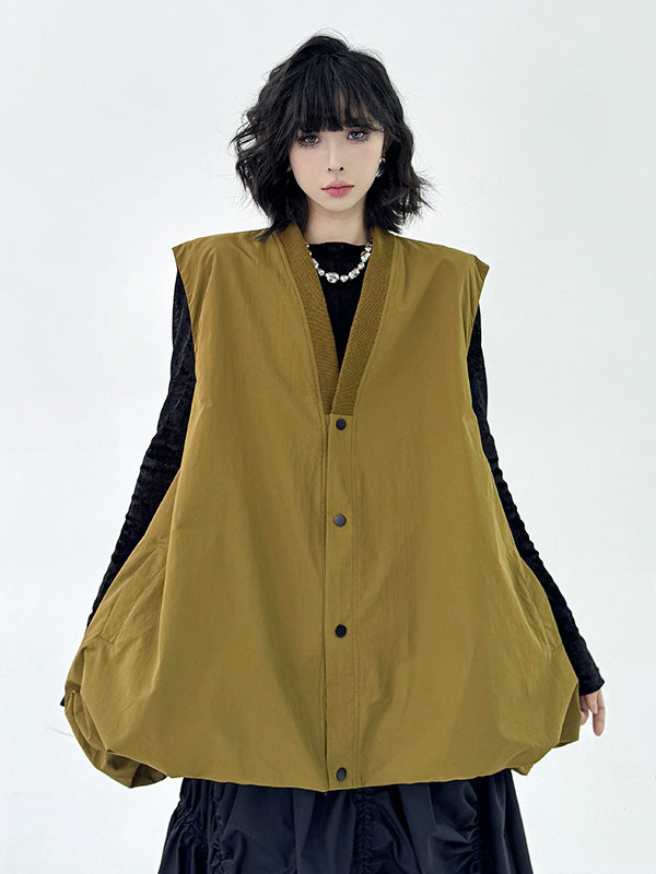 A-Line Hipster Buttoned Solid Color V-Neck Vest Top