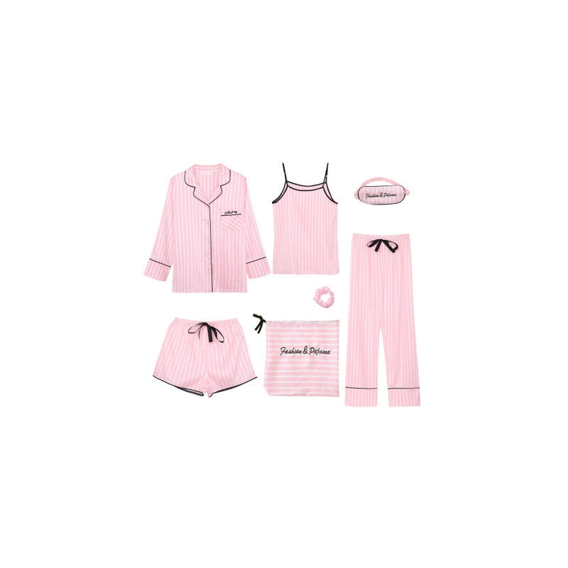 Women Simple Casual Stripe Printed Thin Pajamas Seven-Piece Set