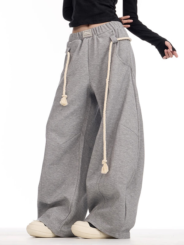 High Waisted Loose Drawstring Elasticity Pockets Solid Color Pants Trousers