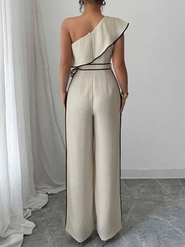 High Waisted Wide Leg Elasticity Tied Waist One-Shoulder Jumpsuits