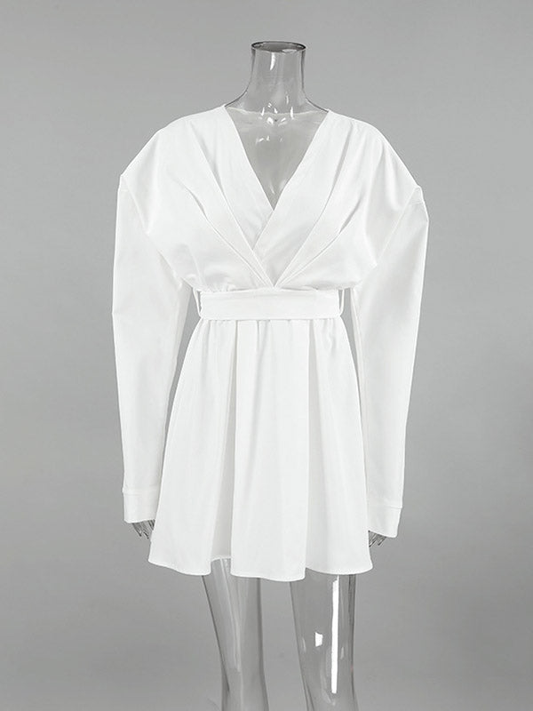 Long Sleeves Loose Pleated Solid Color Split-Joint Tied Waist V-Neck Mini Dresses Shirt Dress