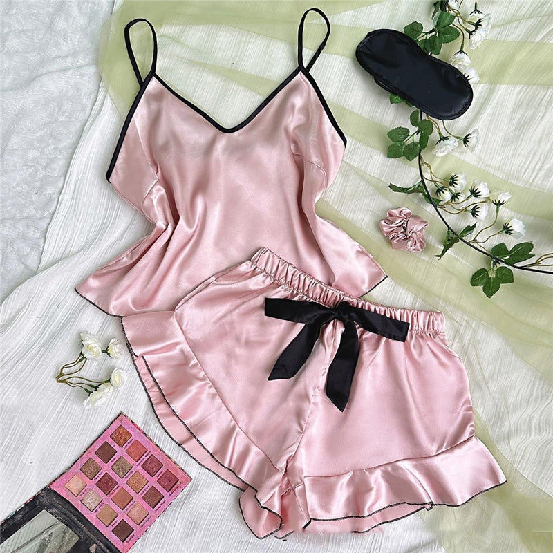 Women Fashion Sexy Ice Silk Loose Camisole Pajamas Lace-Up Shorts Two-Piece Set