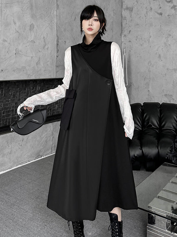 Irregularity Loose Asymmetric Buttoned Solid Color Split-Joint High Neck Midi Dresses