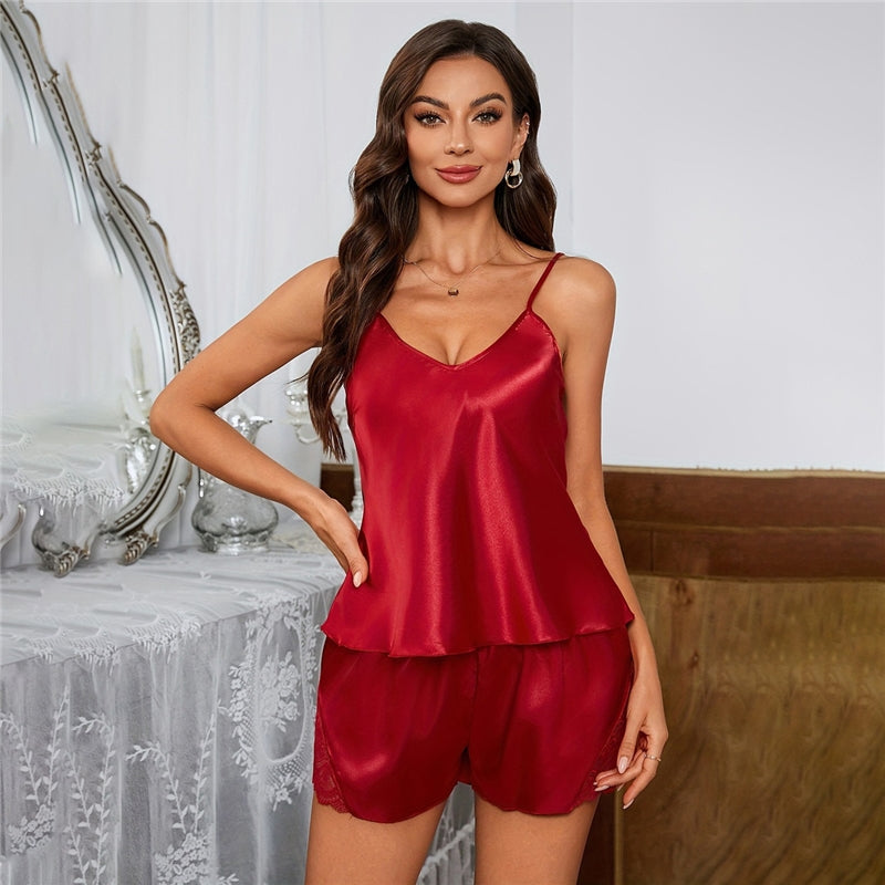 Women Sexy Solid Color Lace Splicing Silk Camisole Loose Shorts Pajamas Two-Piece Set