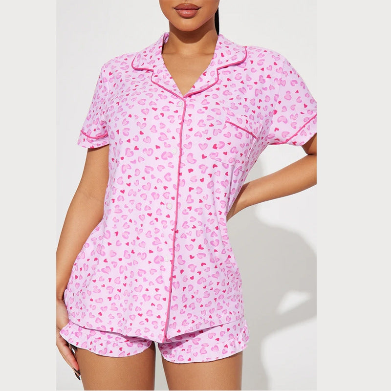 Women Fashion Casual Printed Lapel Short Sleeve Top Loose Shorts Pajamas Set