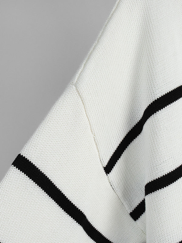 Long Sleeves Loose Split-Joint Striped V-Neck Cardigan Tops