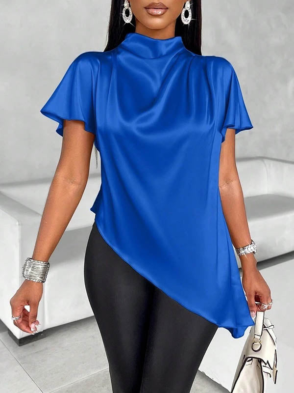 Loose Short Sleeves Asymmetric Solid Color Mock Neck Blouses&Shirts Tops