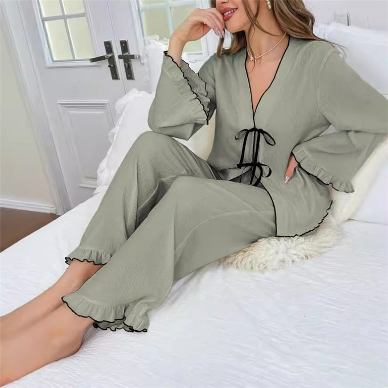 Women Fashion Casual Contrast Color V-Neck Long-Sleeve Lace-Up Top Loose Pants Pajamas Two-Piece Set