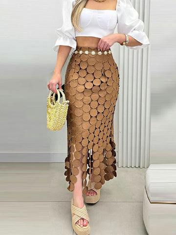 Bodycon High Waisted Solid Color Split-Joint Tasseled Skirts