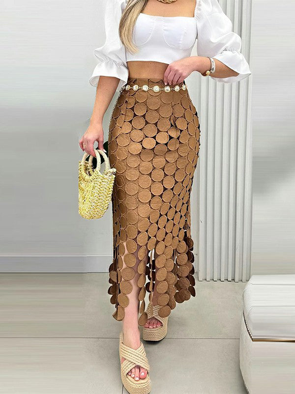 Bodycon High Waisted Solid Color Split-Joint Tasseled Skirts