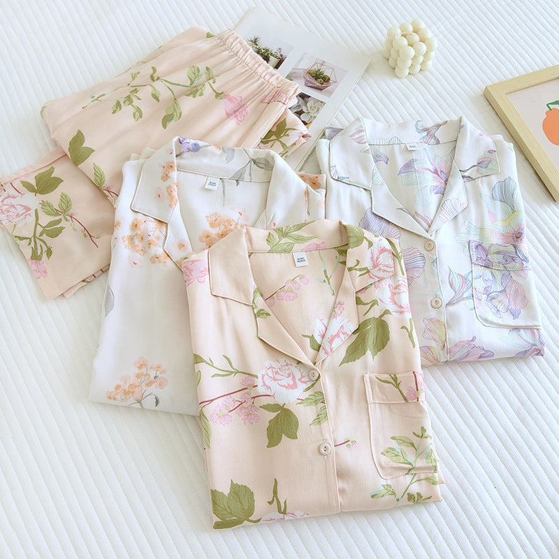 Women Casual Satin Cotton Floral Printed Lapel Long-Sleeve Top Loose Pants Pajamas Set