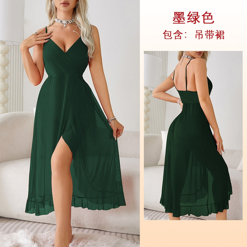 Women Fashion Sexy Solid Color Deep V Mesh Perspective Sling Sexy Pajamas