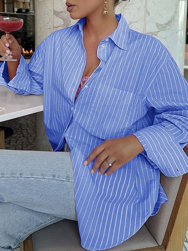 Long Sleeves Loose Buttoned Contrast Color Pockets Striped Lapel Blouses&Shirts Tops