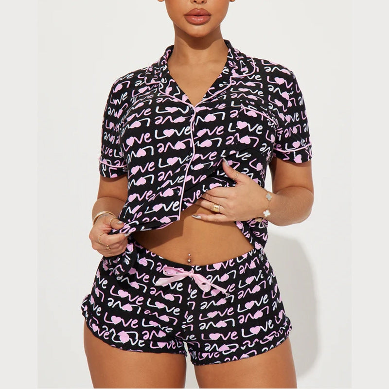 Women Fashion Casual Printed Lapel Short Sleeve Top Loose Shorts Pajamas Set