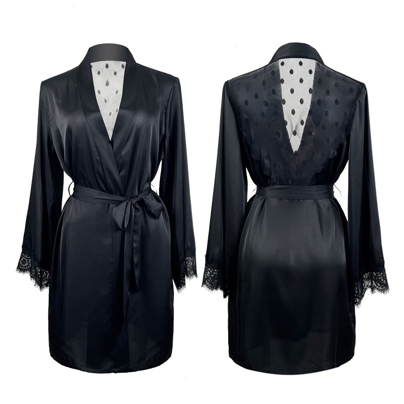 Women Fashion Sexy Mesh Pologram Ice Silk Long Sleeve Home Pajamas