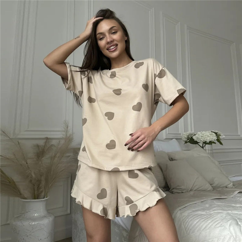Women Fashion Casual Love Printed Round-Neck Short-Sleeve Top Loose Ruffled Shorts Pajamas Two-Piece Set