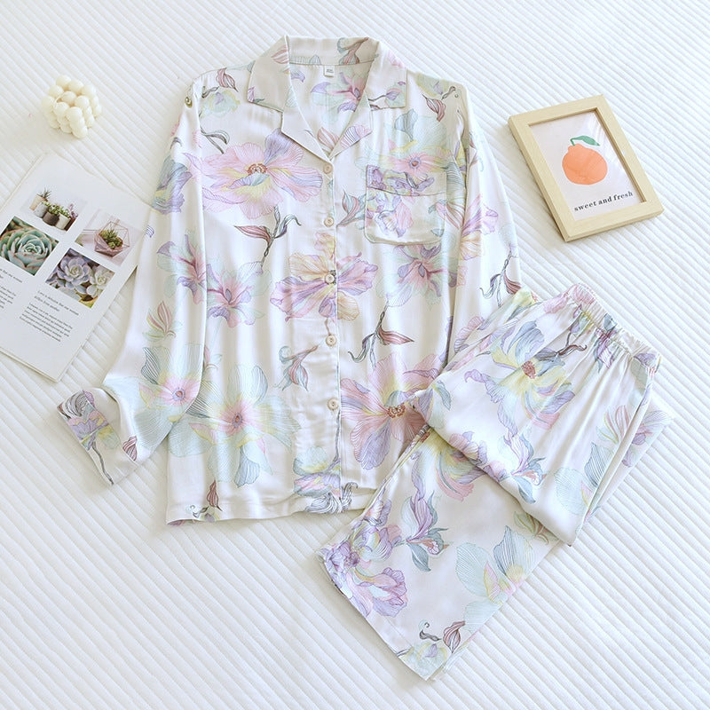 Women Casual Satin Cotton Floral Printed Lapel Long-Sleeve Top Loose Pants Pajamas Set