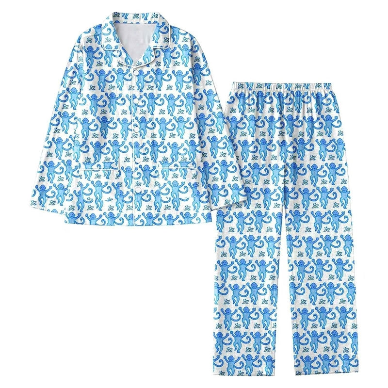 Women Casual Monkey Print Lapel Long-Sleeve Top Loose Pants Pajamas Two-Piece Set