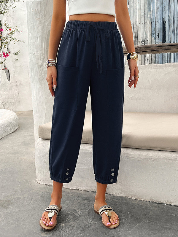 Loose Drawstring Elasticity Pleated Pockets Solid Color Ninth Pants Trousers