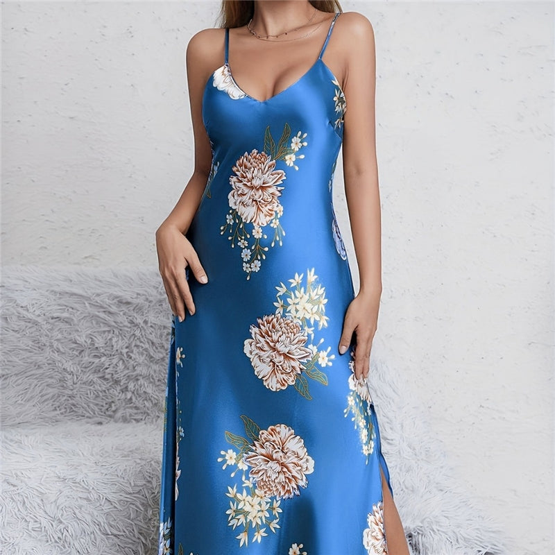 Women Fashion Sexy Floral Printed Sleeveless Spaghetti Strap Loose Dress Pajamas