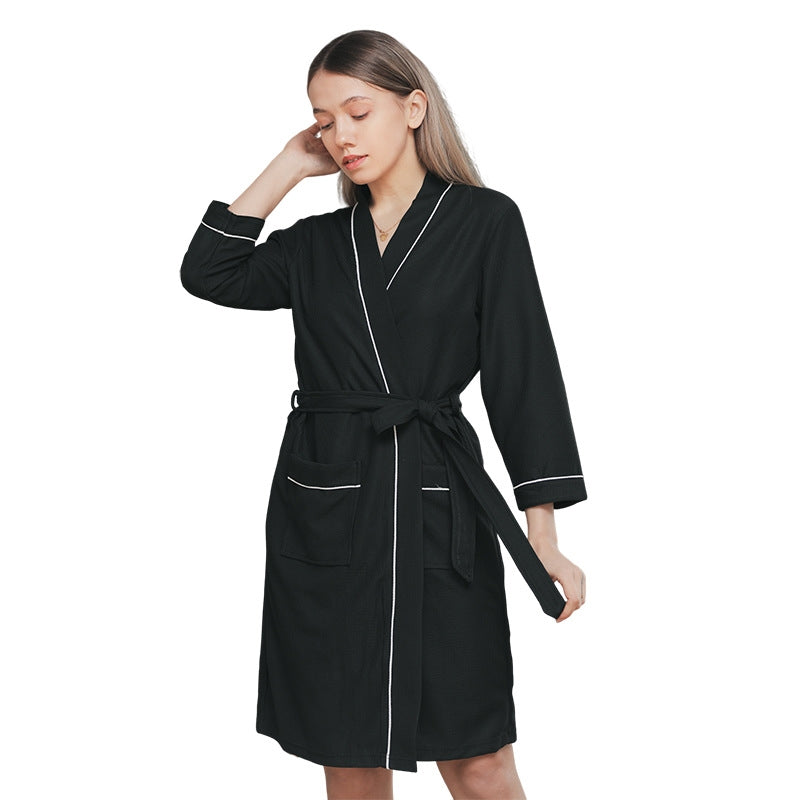 Fashion Casual Contrast Color Waffe Bathrobe Lace-Up Nightgown