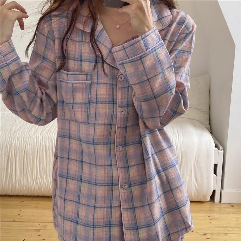 Women Fashion Casual Autumn Printed Lapel Long-Sleeve Blouse Loose Pants Pajamas Two-Piece Set