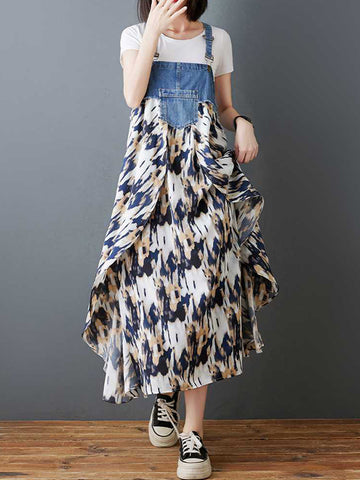 Loose Plus Size Flower Print Pockets Split-Joint Spaghetti-Neck Maxi Dresses Suspender Dress