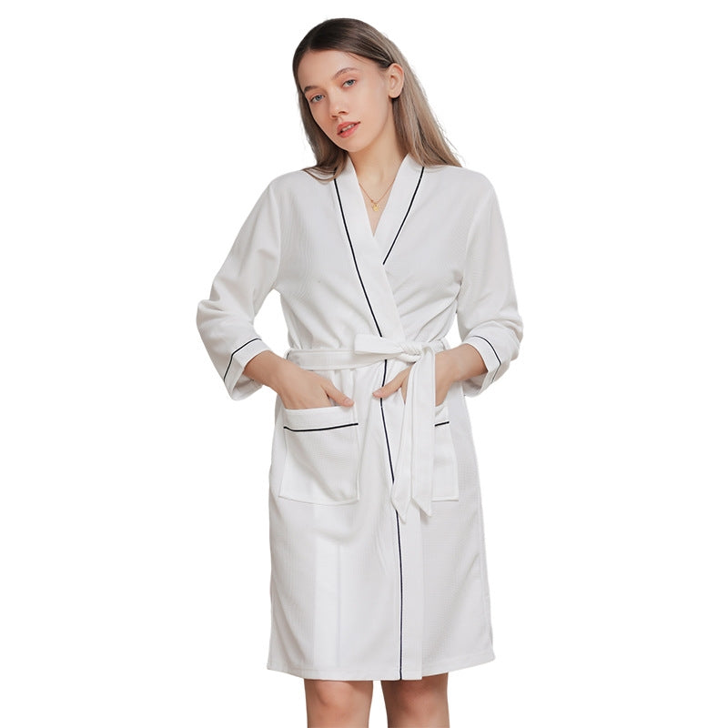 Fashion Casual Contrast Color Waffe Bathrobe Lace-Up Nightgown