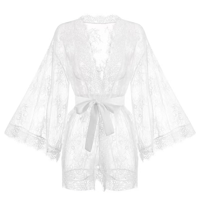 Women Fashion Sexy Solid Color Lace Perspective Long-Sleeve Lace-Up Dress Pajamas