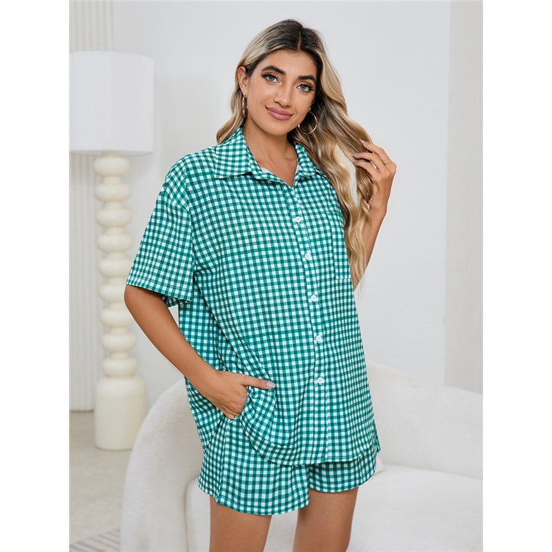 Women Fashion Casual Plaid Printed Lapel Short-Sleeve Blouse High Waist Loose Shorts Pajamas Two-Piece Set