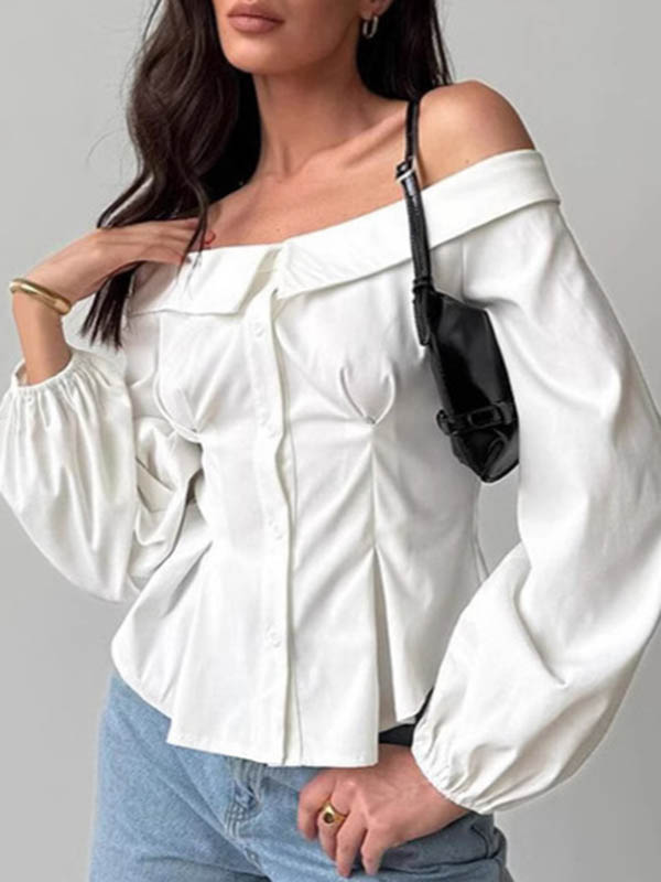 Long Sleeves Loose Buttoned Elasticity Pockets Solid Color Off-The-Shoulder Blouses&Shirts Tops