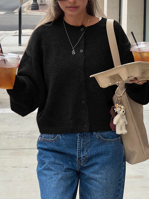 Long Sleeves Loose Buttoned Solid Color Round-Neck Cardigan Tops