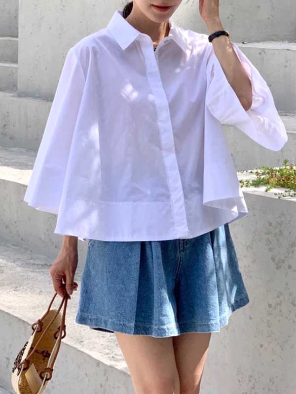 A-Line Flared Sleeves Buttoned Pleated Solid Color Lapel Blouses&Shirts Tops