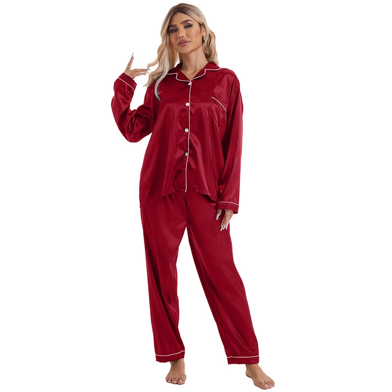 Women Simple Casual Lapel Ice Silk Long-Sleeved Pajamas Set