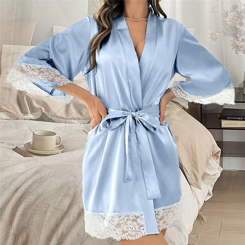 Women Sexy Lace Splicing Mid-Sleeve Lace-Up Pajamas