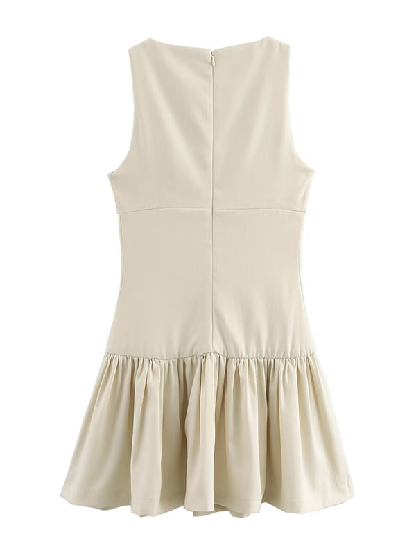 A-Line Loose Pleated Solid Color Split-Joint Zipper Round-Neck Mini Dresses